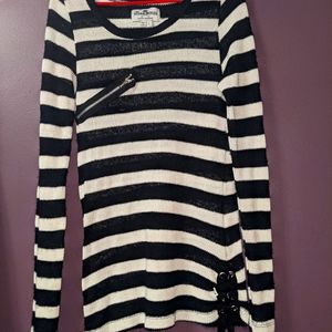 Royal Bones, black and white striped over shirt.